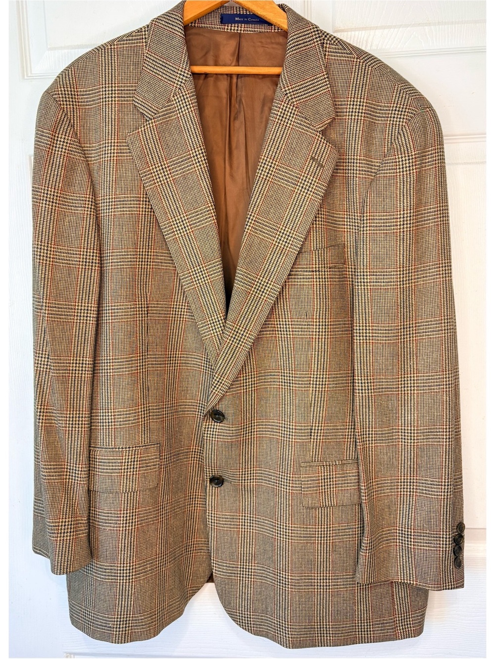 RALPH LAUREN Chaps Mens Silk Wool Blend Tan Houndstooth Sport Coat Jacket 48R